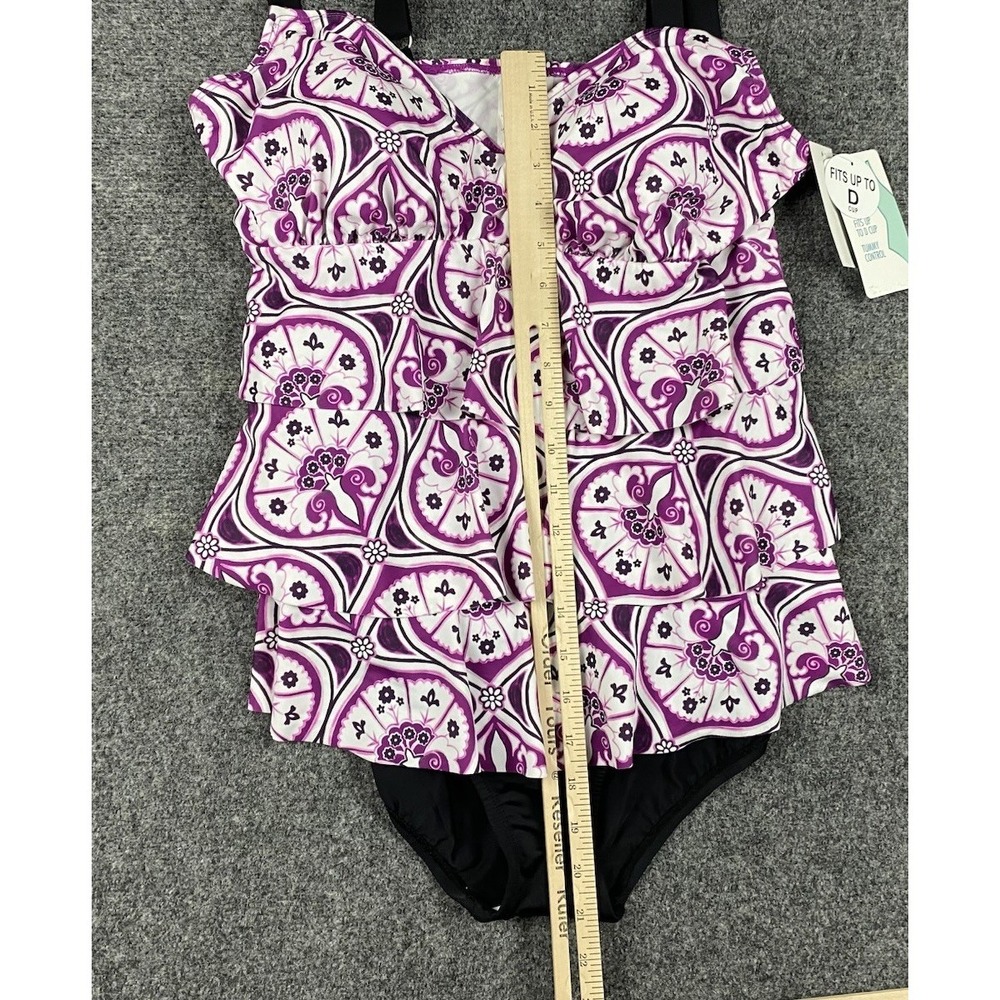 Swim Solutions Women's Printed Tiered Fauxkini One Piece Swimsuit Size 14 Purple - Picture 2 of 8